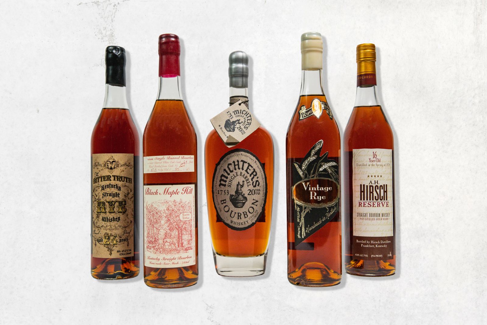 Bitter Truth rye, Black Maple Hill, Michter's 20 year, Vintage Rye and A.H. Hirsch bottles